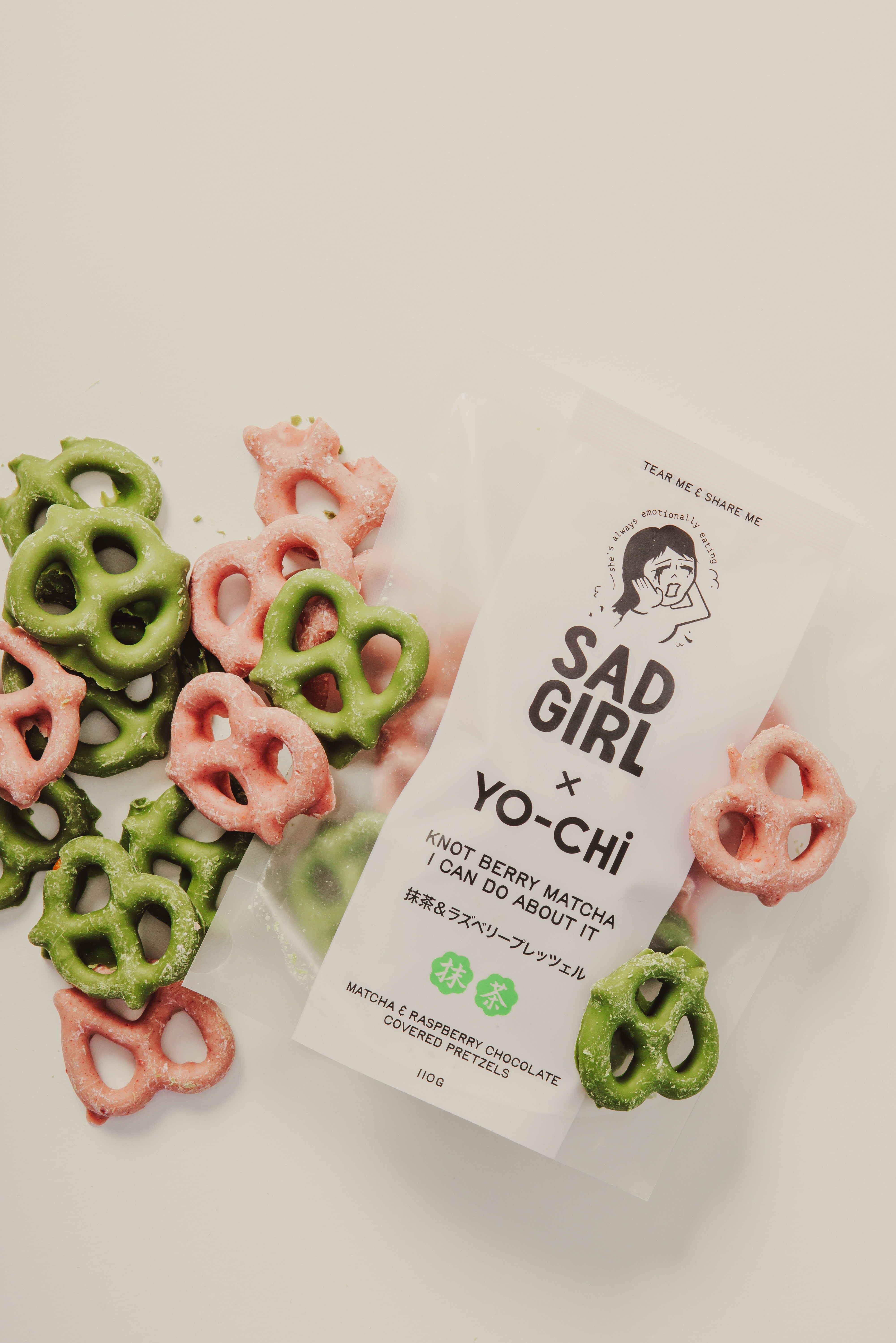 SAD GIRL MATCHA - KNOT BERRY MATCHA I CAN DO ABOUT IT - RASPBERRY X MATCHA CHOCOLATE PRETZELS