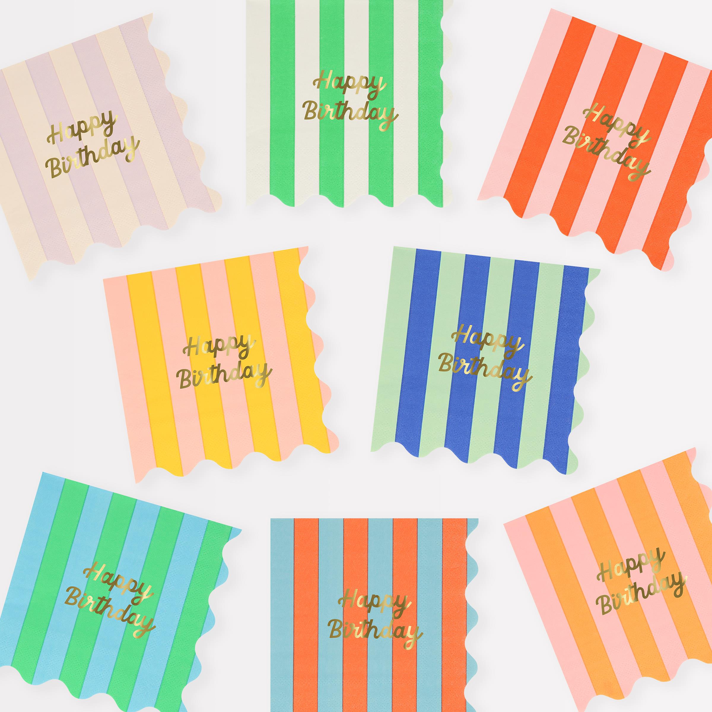 MERI MERI - Stripe Happy Birthday Small Napkins (Pack of 16 in 8 colors)