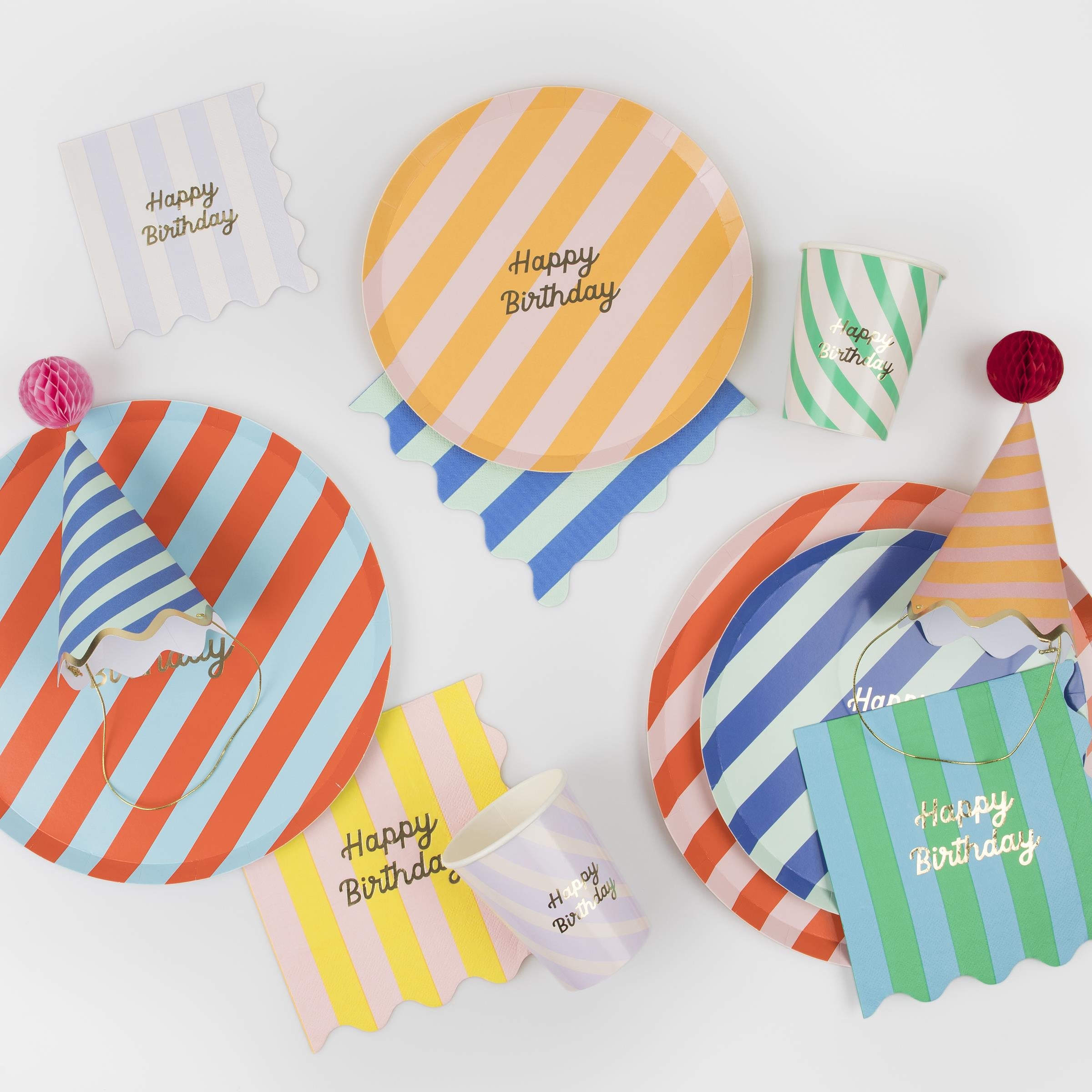 MERI MERI - Stripe Happy Birthday Small Napkins (Pack of 16 in 8 colors)