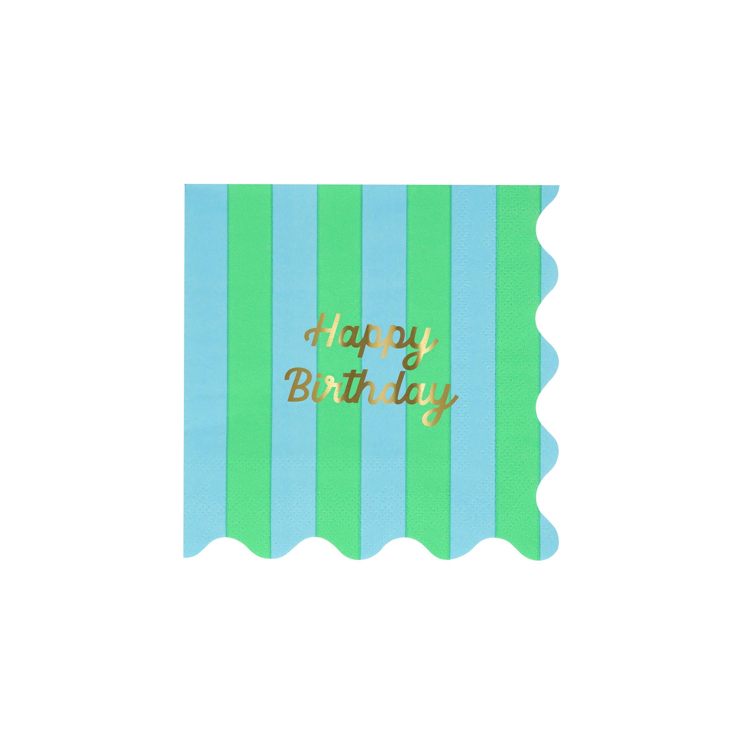 MERI MERI - Stripe Happy Birthday Small Napkins (Pack of 16 in 8 colors)