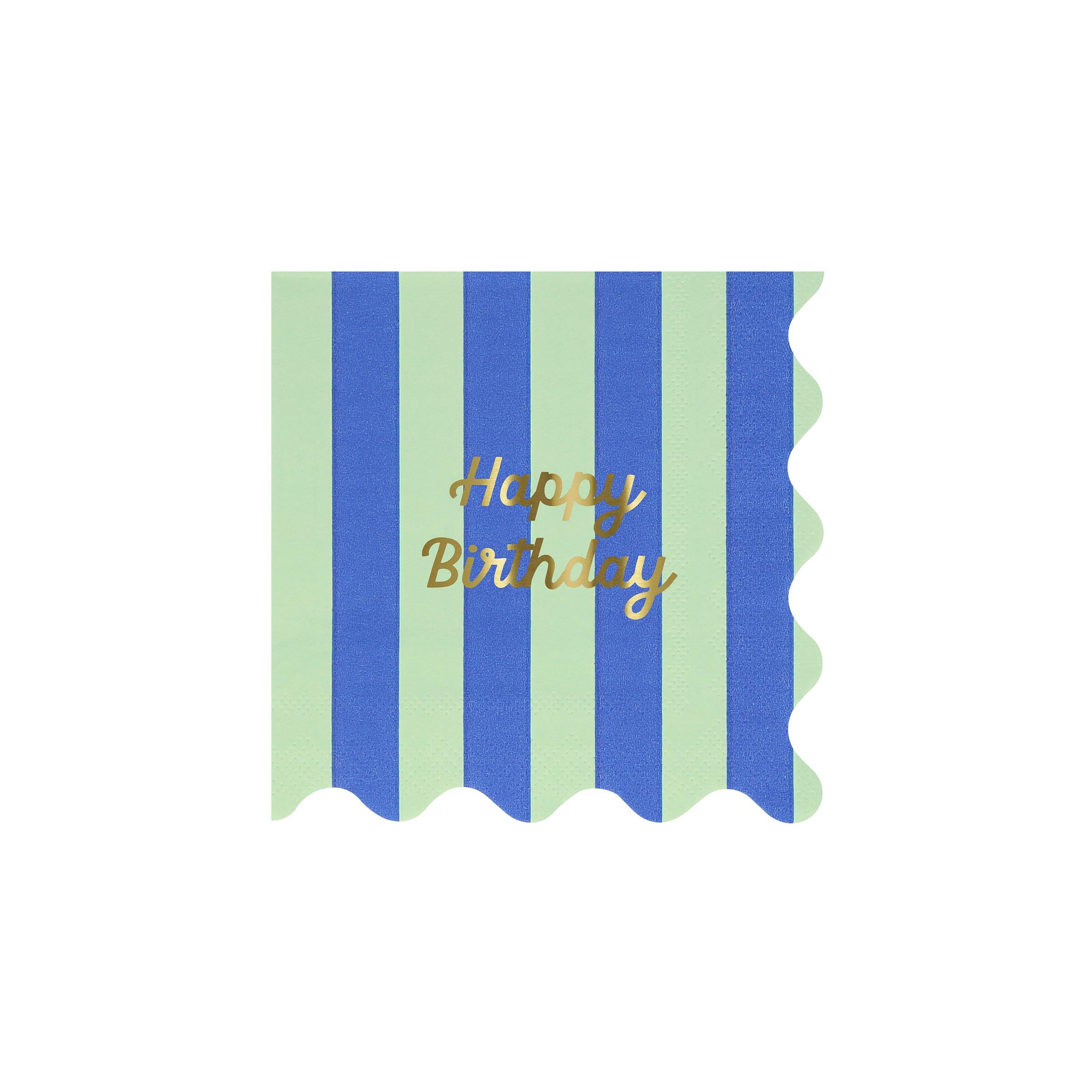MERI MERI - Stripe Happy Birthday Small Napkins (Pack of 16 in 8 colors)