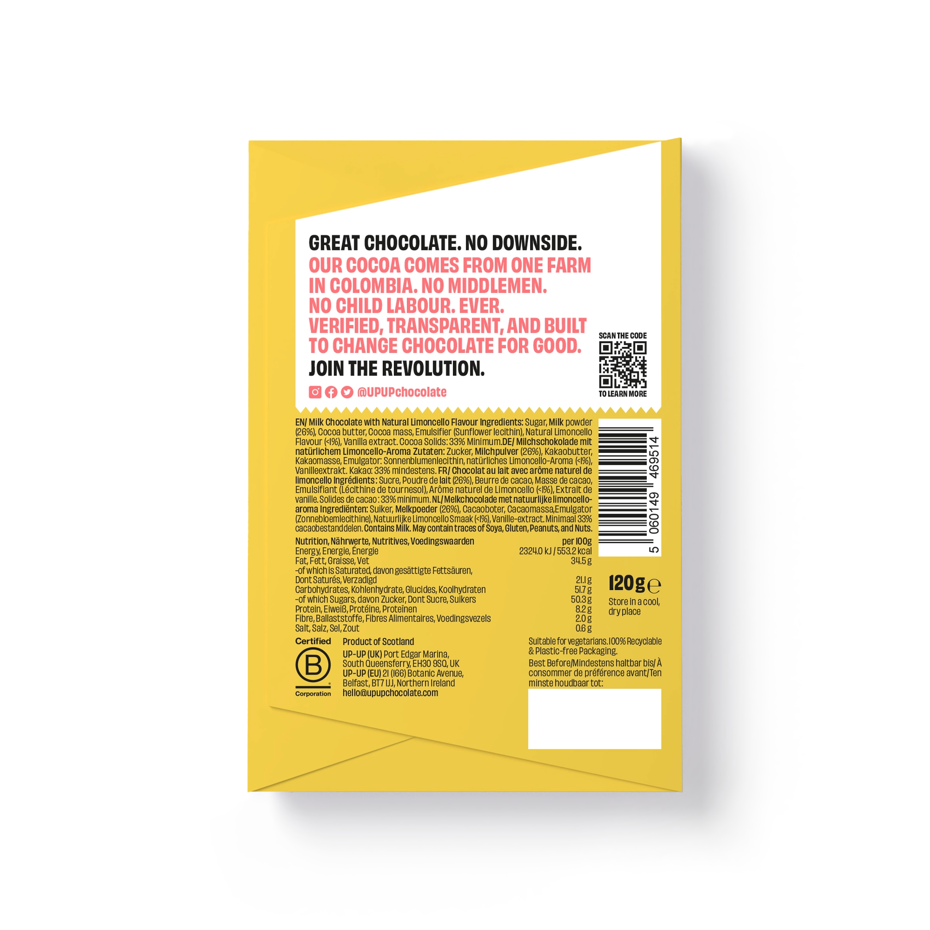 UP-UP CHOCOLATE - Limoncello Milk Chocolate Bar 120g