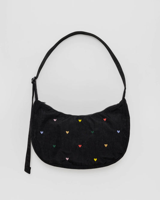 BAGGU Medium Nylon Crescent Bag - Embroidered Hearts