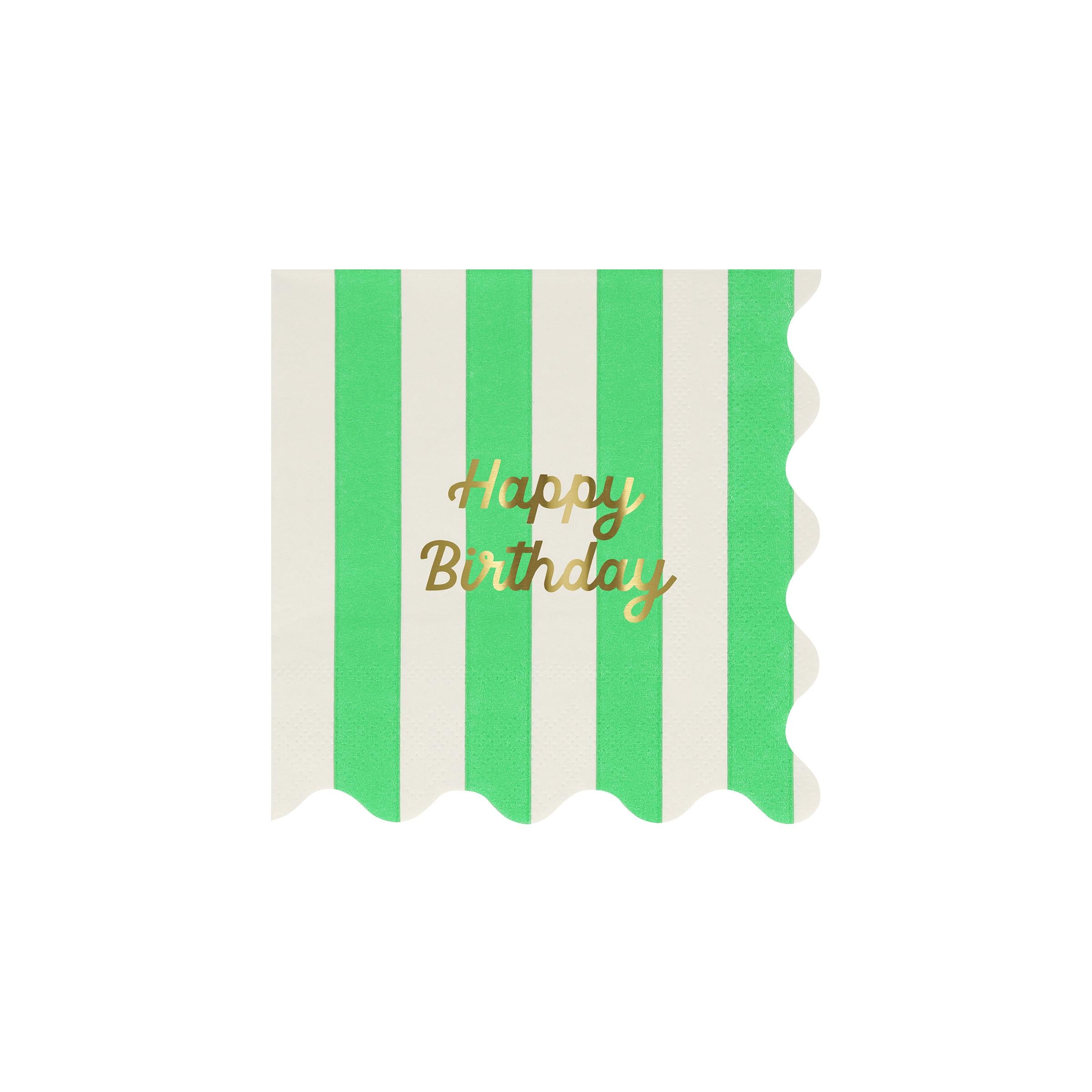 MERI MERI - Stripe Happy Birthday Small Napkins (Pack of 16 in 8 colors)