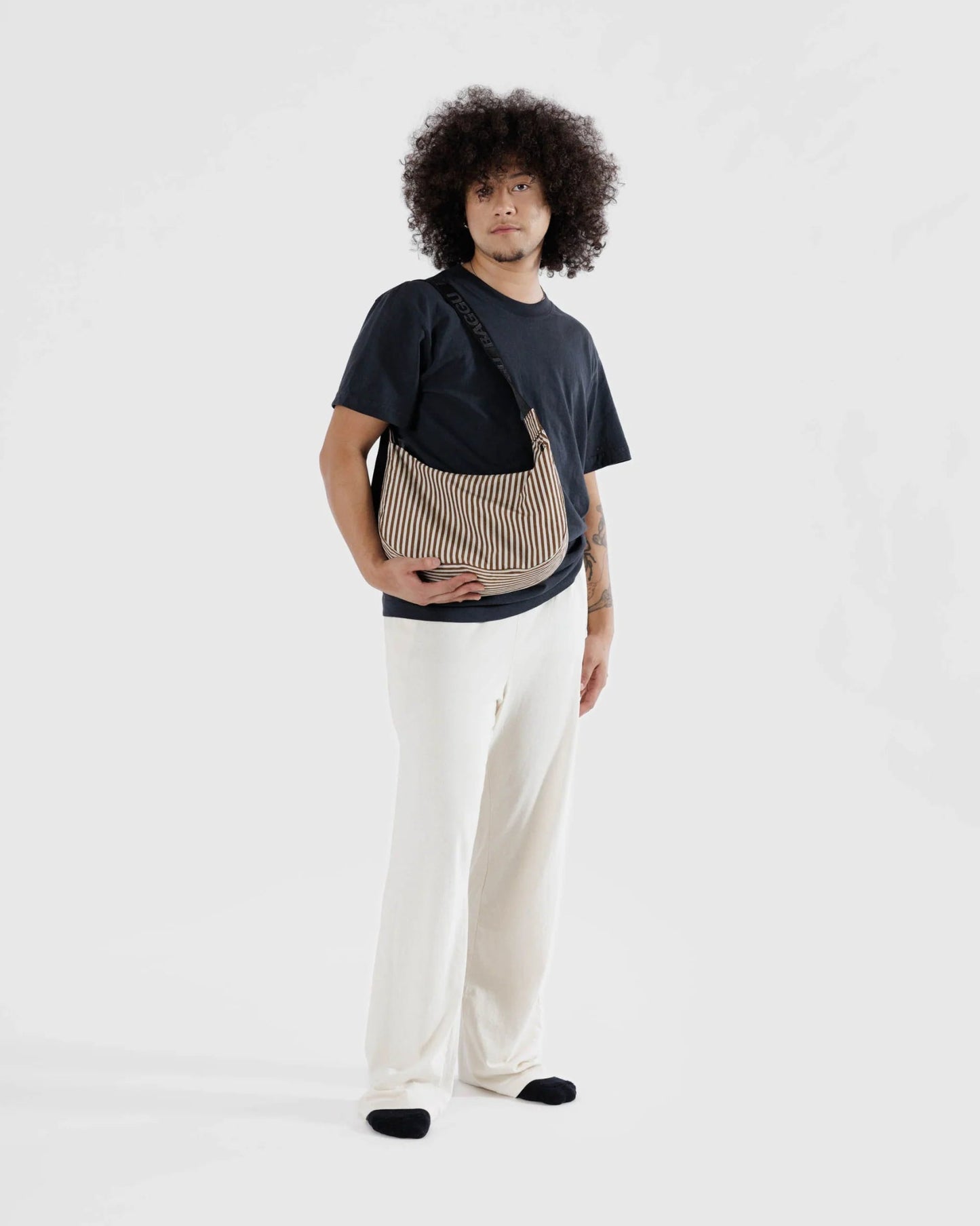 BAGGU Medium Nylon Crescent Bag - Brown Stripe - Preston Apothecary