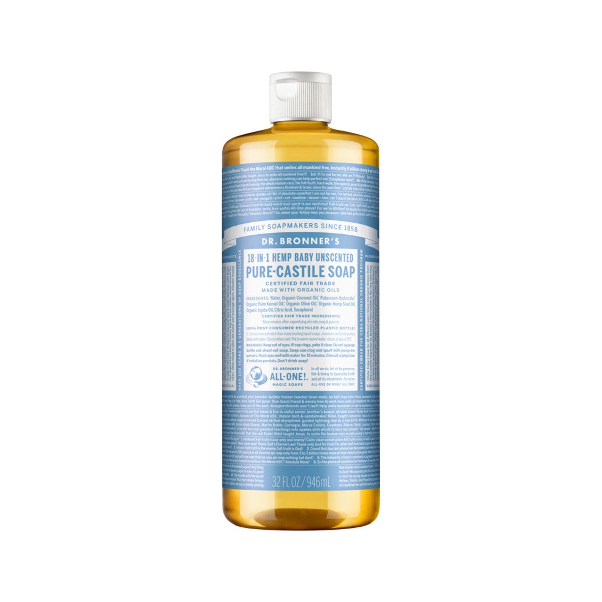 Dr Bronner's Pure Castile Liquid Soap | Unscented Baby 946ml - Preston Apothecary